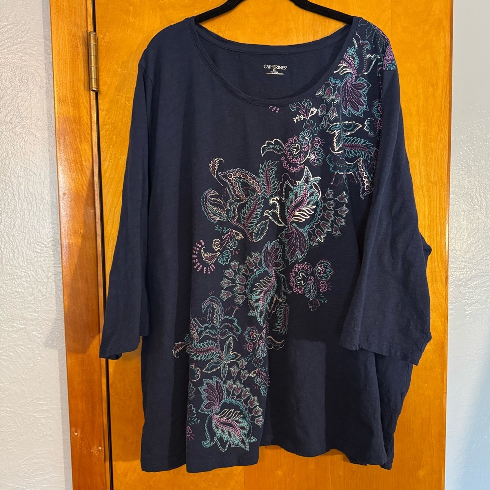 Catherines Navy Embroidered 3/4 Sleeve Top
